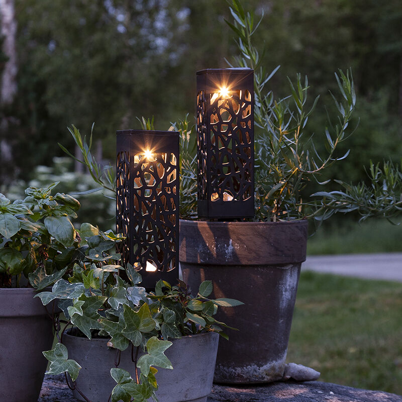 2-pack black solar spike lights Amisha, with twilight sensor