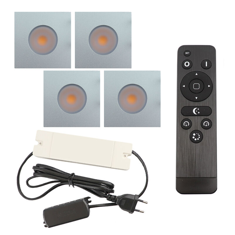 4 square chrome porch spotlights Dico, IP65, with connection set and remote control