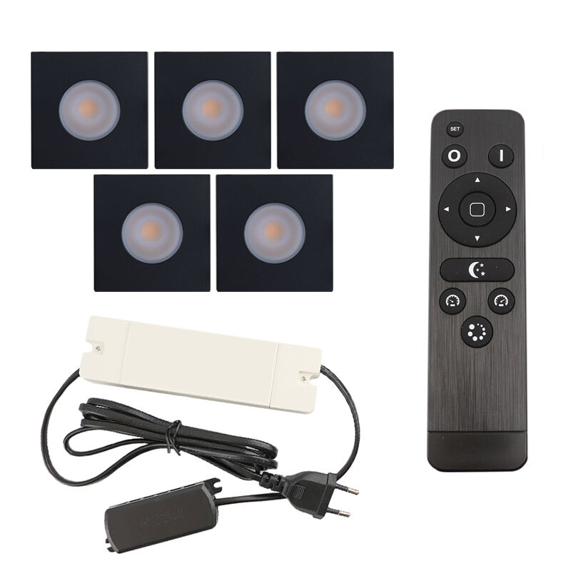 5 square black porch spotlights Dico, IP65, with connection set and remote control