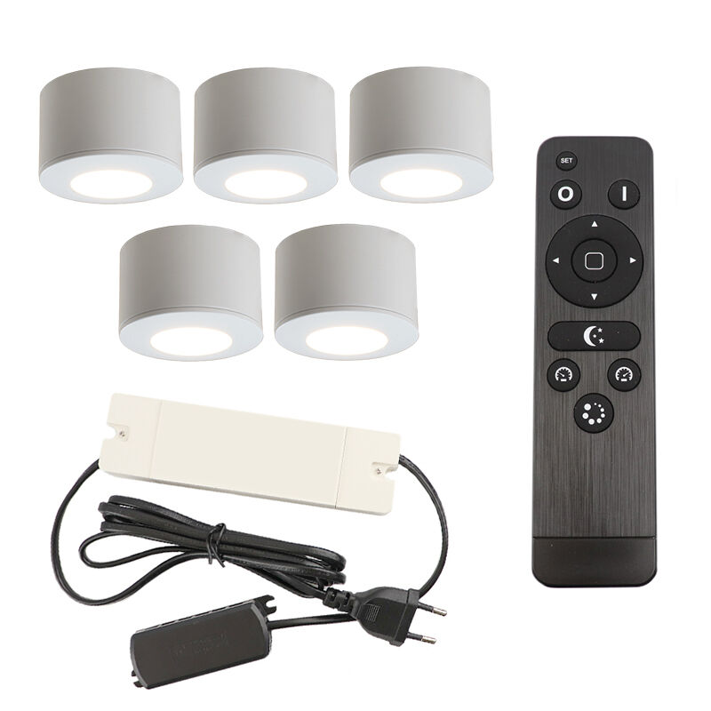 5 round white surface mounted spotlights Vasso, IP44, with connection set and remote control