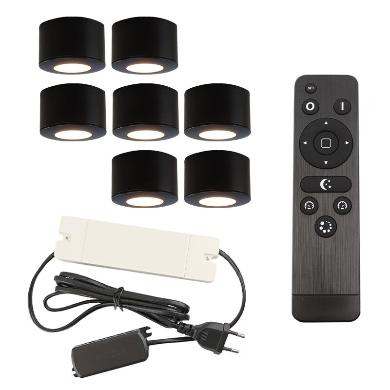 7 round black surface mounted spotlights Vasso, IP44, with connection set and remote control