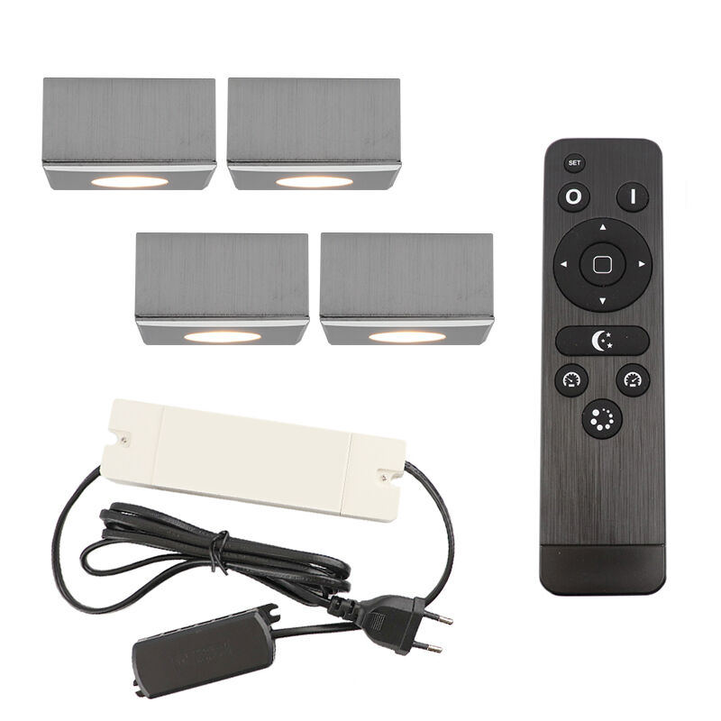4 square chrome surface mounted spotlights Fredo, IP44, with connection set and remote control