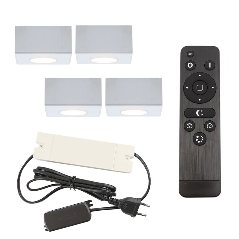 4 square white surface mounted spotlights Fredo, IP44, with connection set and remote control