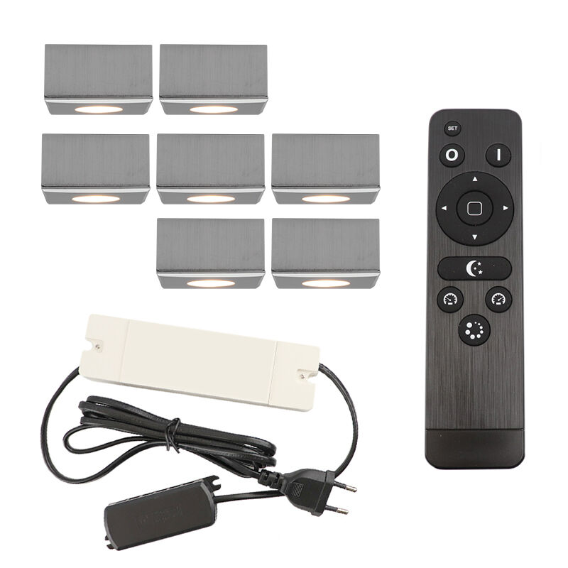 7 square chrome surface mounted spotlights Fredo, IP44, with connection set and remote control