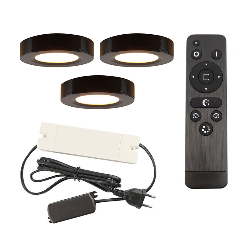 3 round kitchen cabinet lights, black, with connection set and remote control