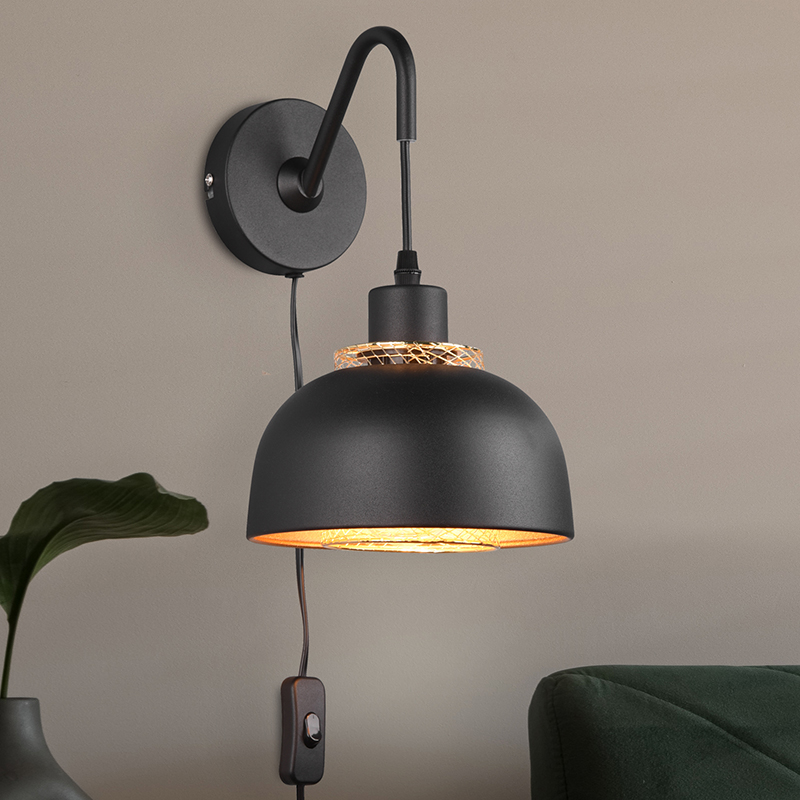 Black wall light industrial, Sylvano, with switch