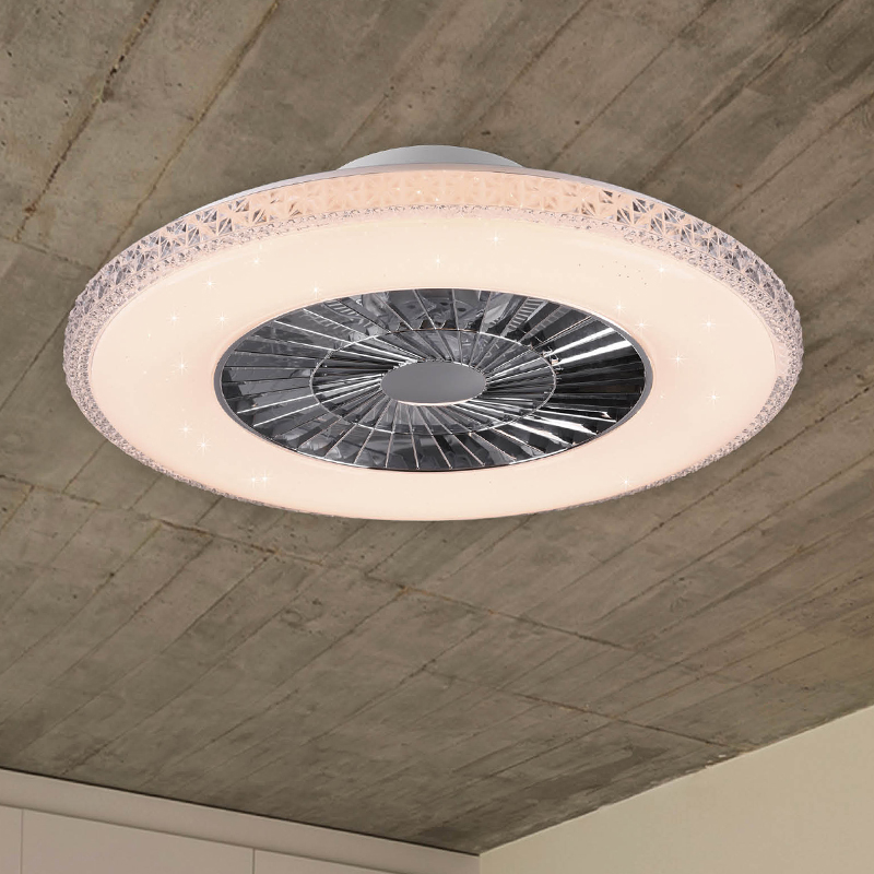 Chrome ceiling fan design, Damon, 40W, warm to cold white adjustable LED, with remote control