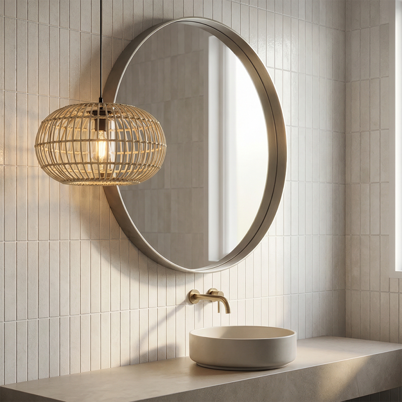 Rattan bathroom pendant light brown, Emilio, IP44