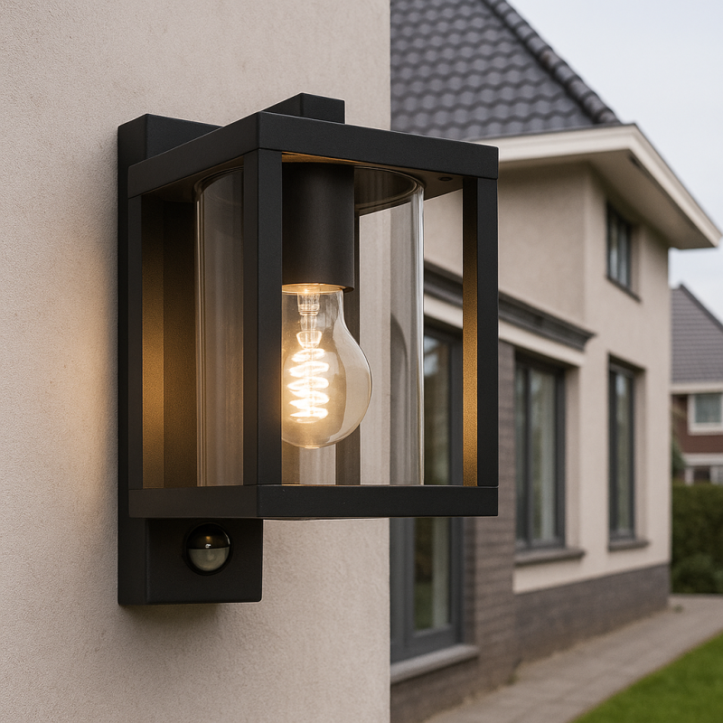 Modern outdoor wall light with motion sensor black, Amalie, IP54