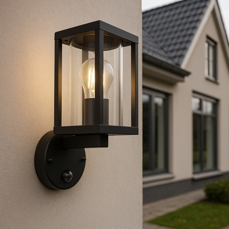 Modern outdoor wall light with motion sensor black, Amalie, IP54