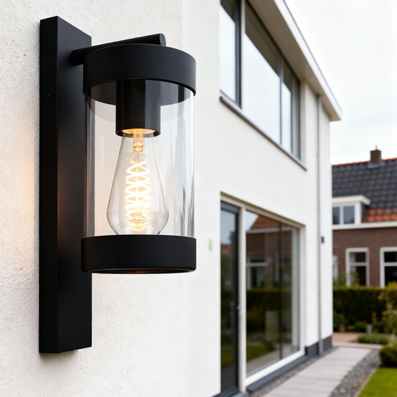 Modern outdoor wall light with dusk to dawn sensor black, Musa, IP44