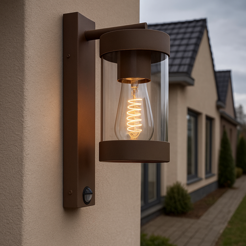 Modern outdoor wall light with motion sensor rust coloured, Musa, IP44