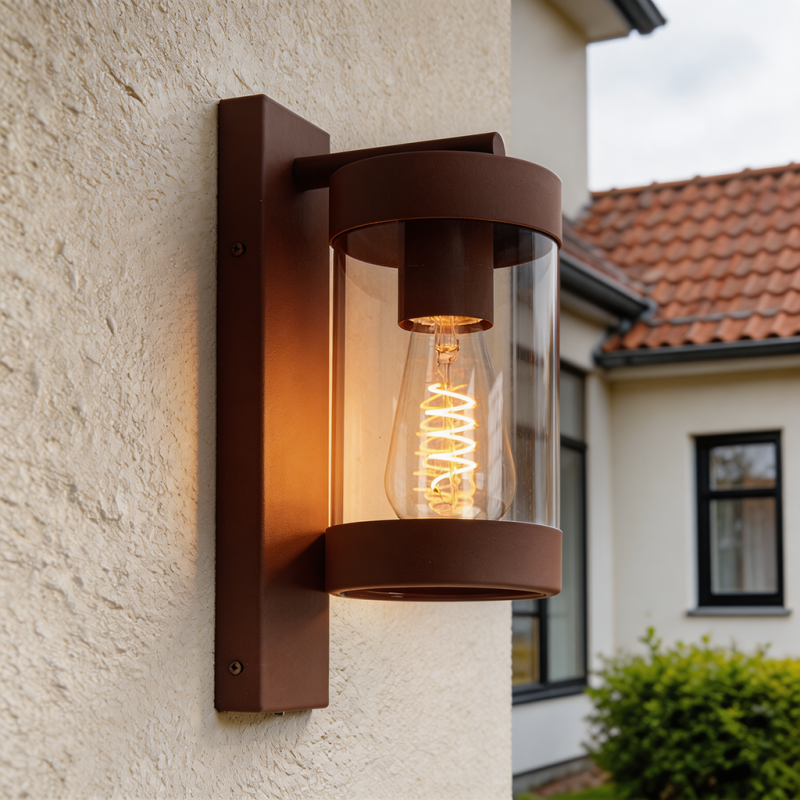 Modern outdoor wall light with dusk to dawn sensor rust coloured, Musa, IP44 Modern outdoor wall light with dusk to dawn sensor rust coloured, Musa, IP44
