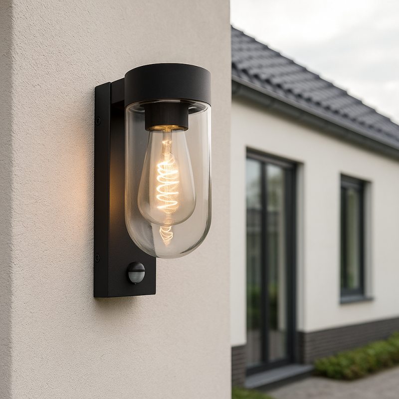 Aluminium outdoor wall light with motion sensor black, Bella, IP44 Aluminium outdoor wall light with motion sensor black, Bella, IP44
