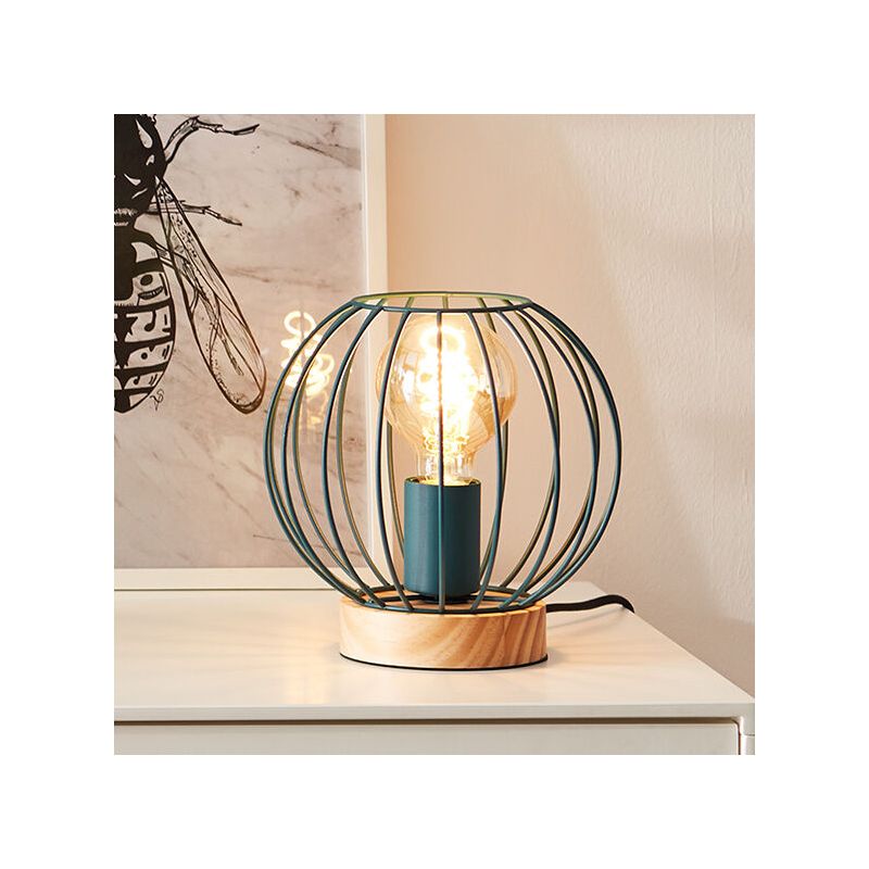 Wood table lamp blue, Donato, with switch Wood table lamp blue, Donato, with switch