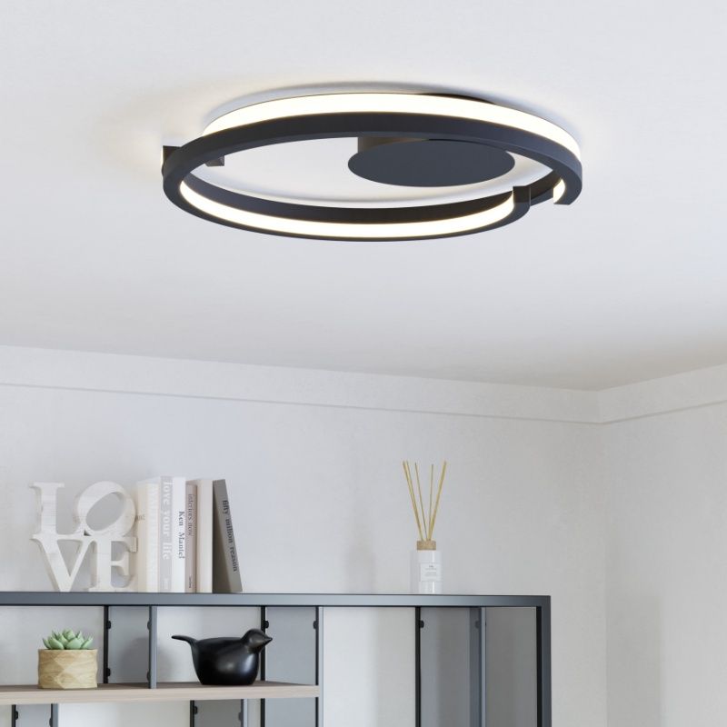 Black modern flush ceiling light plastic, Madhvi, 20W, warm to cold white adjustable LED, with remote control