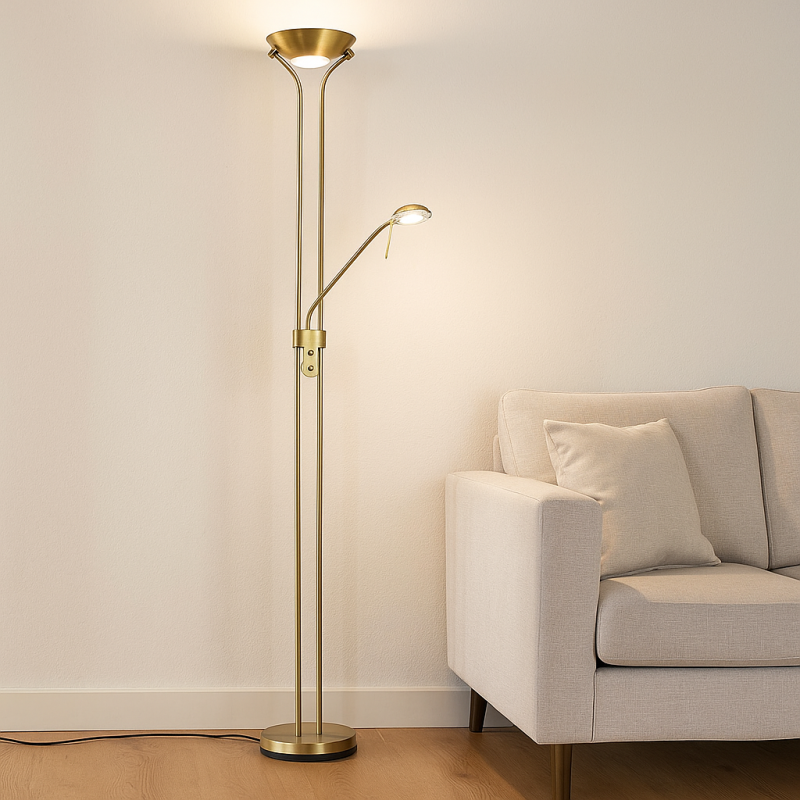 Modern reading floor lamp brass, Salvador, 18W, 3000K LED, with switch