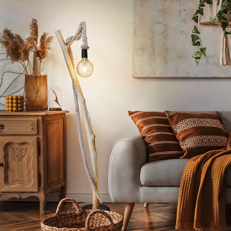 Wooden rustic floor lamp rope, Naime, with switch
