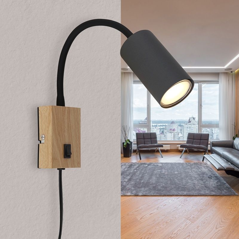 Black design plug in wall light metal, Roelof, with switch
