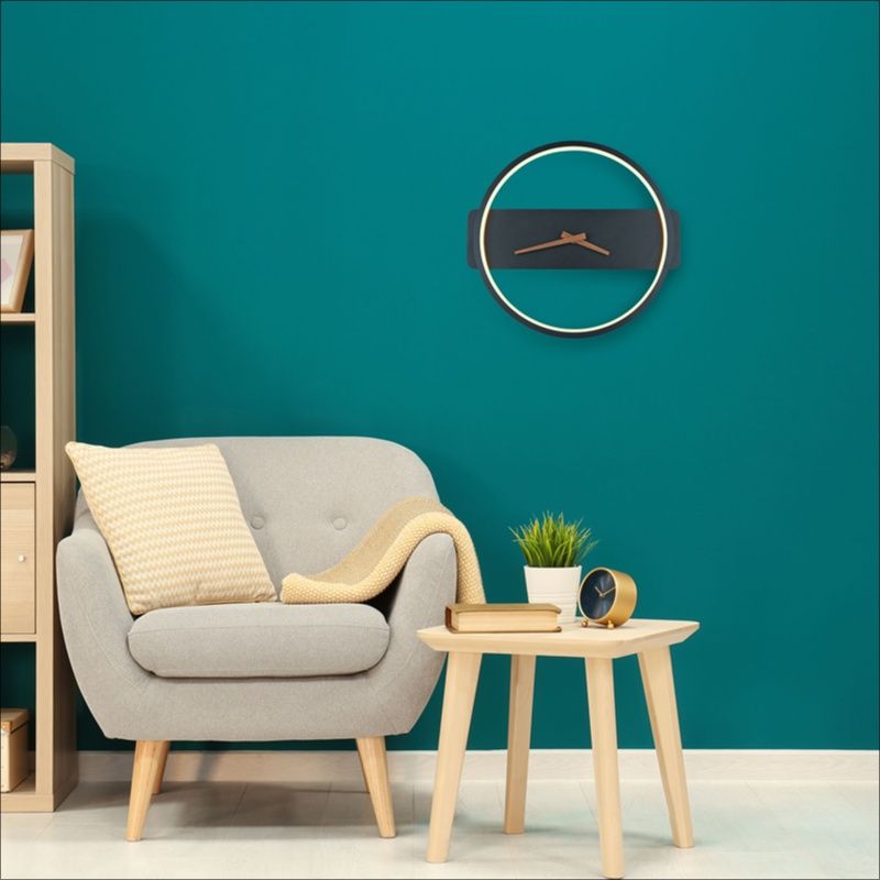 Black design wall light with clock, Sybe, 12W, 3000K LED