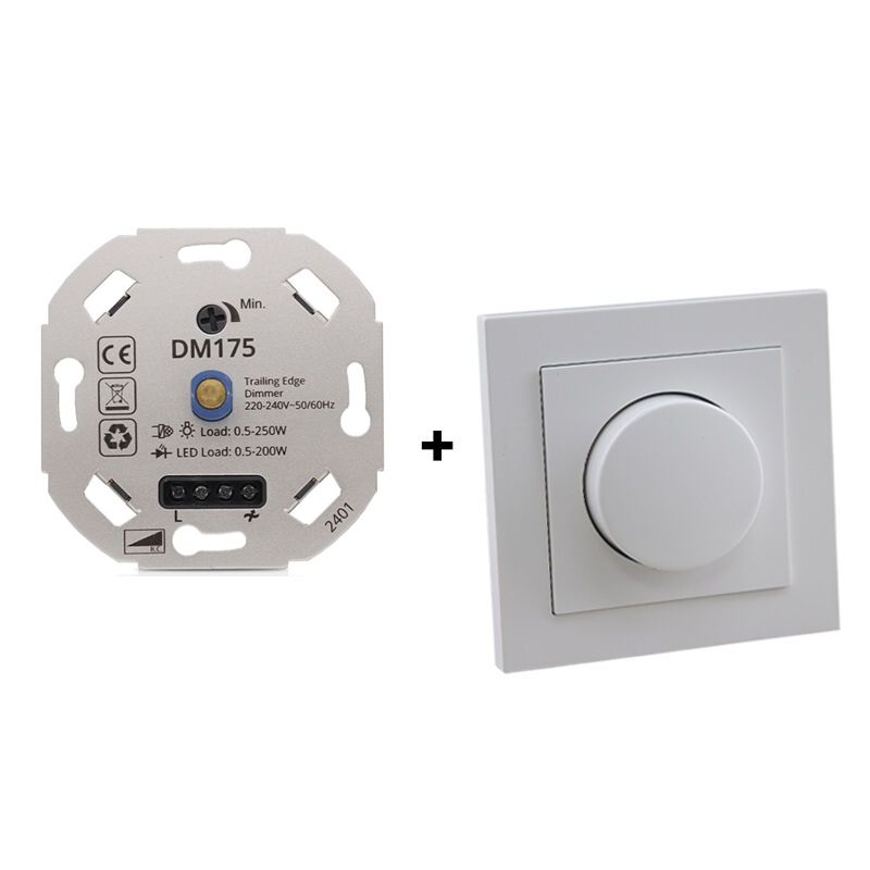 LED dimmer, 0,5 - 200W, with white cover frame and central plate LED dimmer, 0,5 - 200W, with white cover frame and central plate
