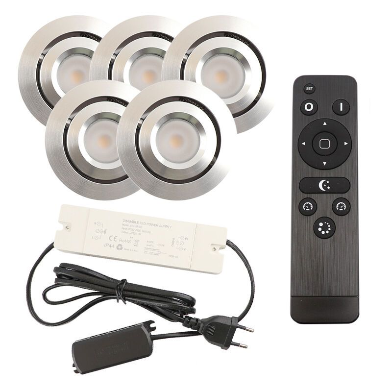 5 adjustable porch spotlights Rona, IP44, with connection set and remote control, chrome 5 adjustable porch spotlights Rona, IP44, with connection set and remote control, chrome