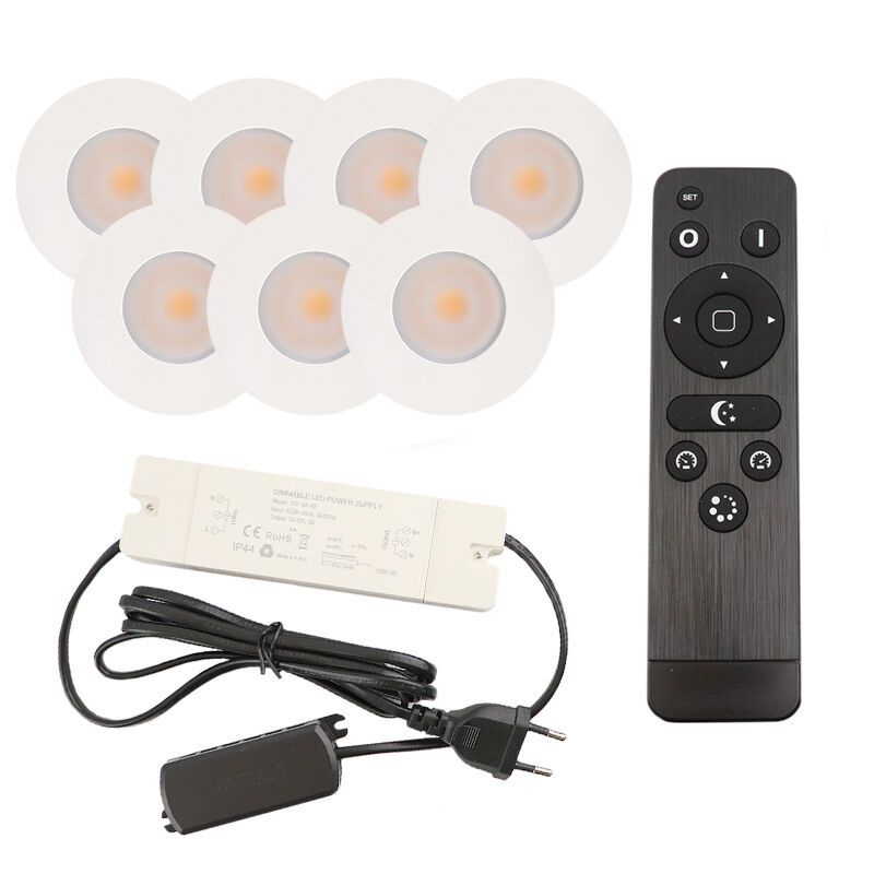 7 white porch spotlights Dico, IP65, with connection set and remote control