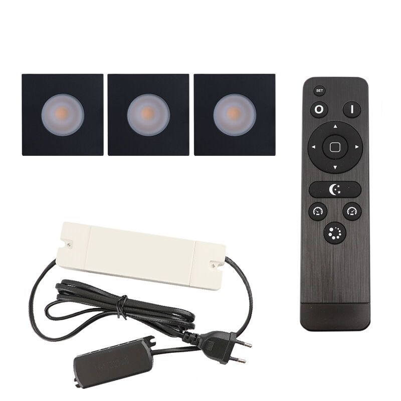 3 square black porch spotlights Dico, IP65, with connection set and remote control
