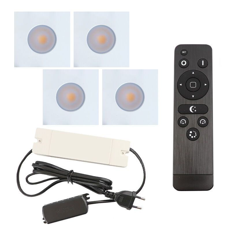 4 square white porch spotlights Dico, IP65, with connection set and remote control