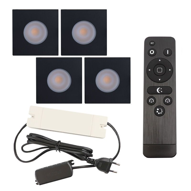 4 square black porch spotlights Dico, IP65, with connection set and remote control