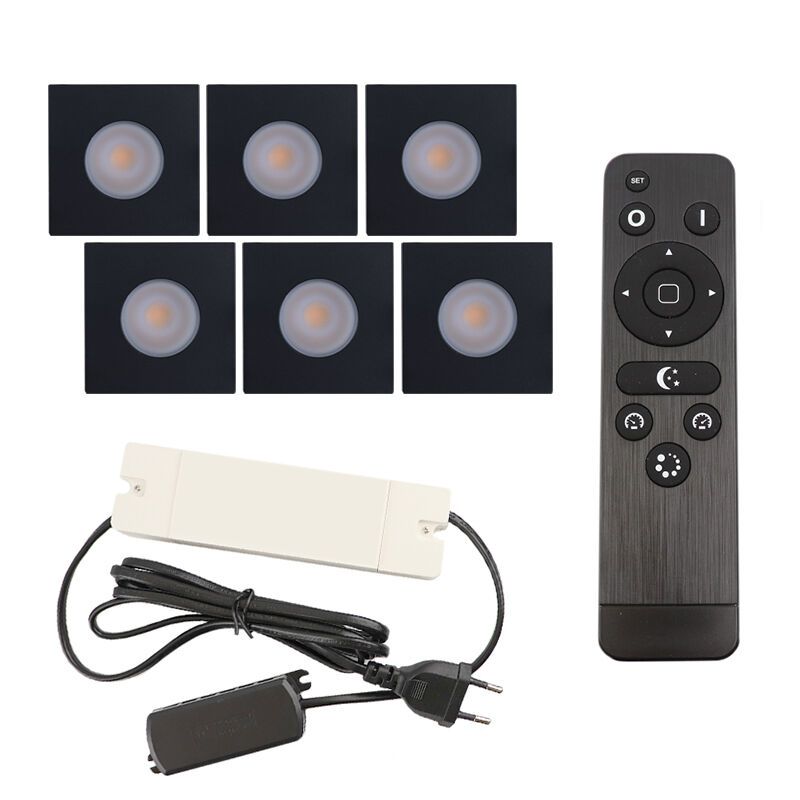 6 square black porch spotlights Dico, IP65, with connection set and remote control