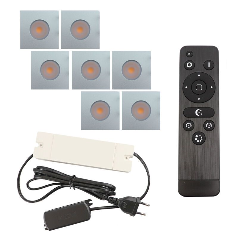 7 square chrome porch spotlights Dico, IP65, with connection set and remote control