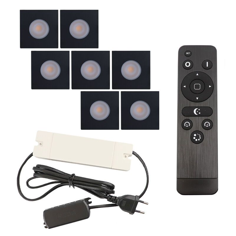 7 square black porch spotlights Dico, IP65, with connection set and remote control