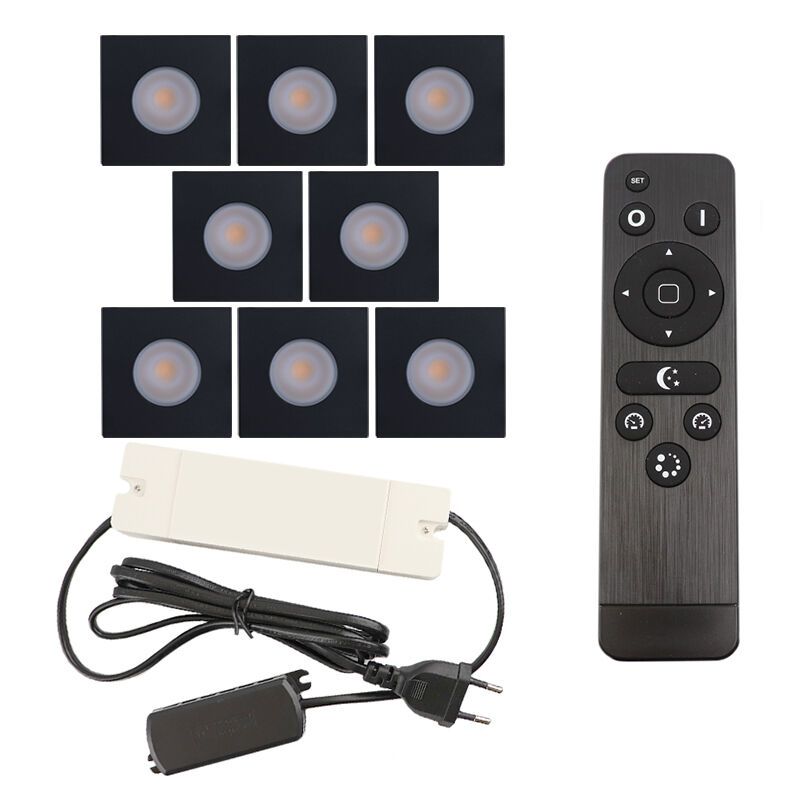 8 square black porch spotlights Dico, IP65, with connection set and remote control