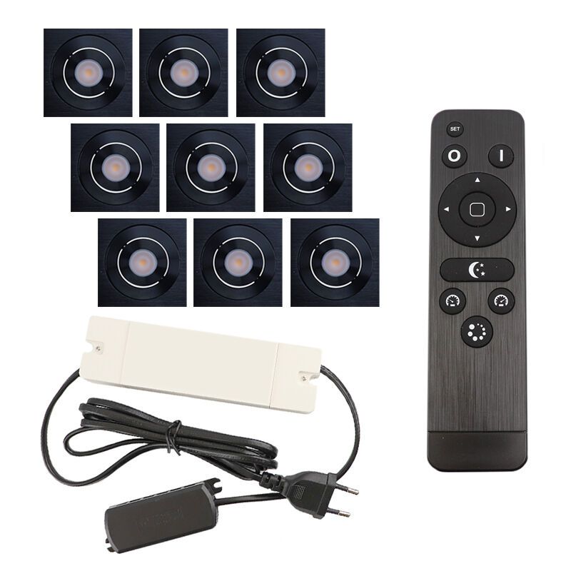 9 adjustable porch spotlights Rona square, IP44, with connection set and remote control, black 9 adjustable porch spotlights Rona square, IP44, with connection set and remote control, black