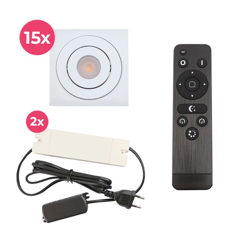 15 adjustable porch spotlights Rona square, IP44, with connection set and remote control, white