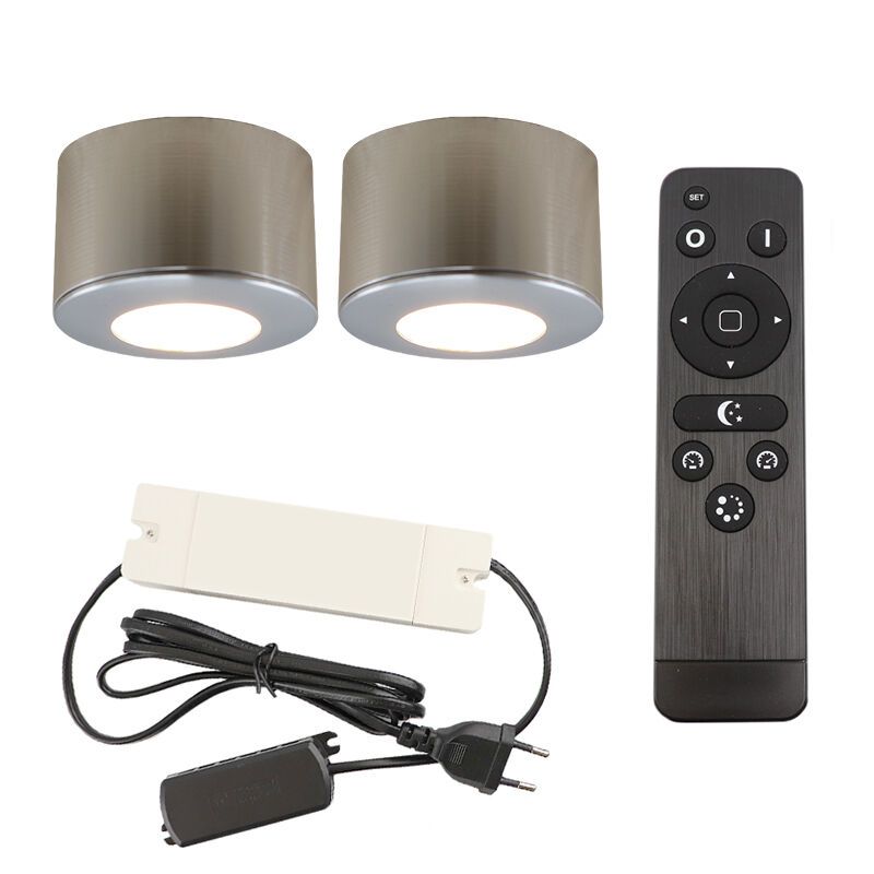 2 round chrome surface mounted spotlights Vasso, IP44, with connection set and remote control