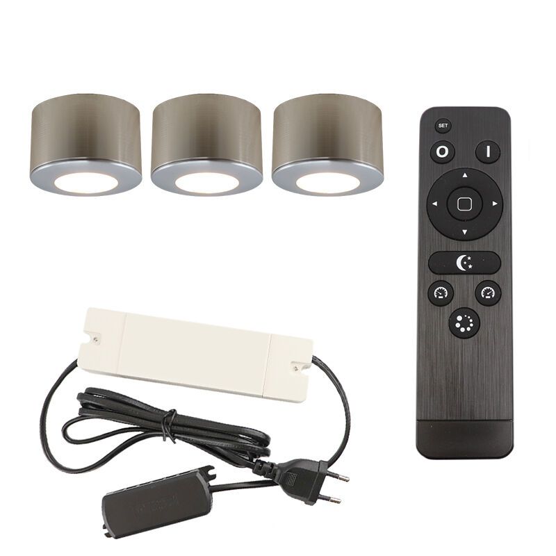 3 round chrome surface mounted spotlights Vasso, IP44, with connection set and remote control 3 round chrome surface mounted spotlights Vasso, IP44, with connection set and remote control