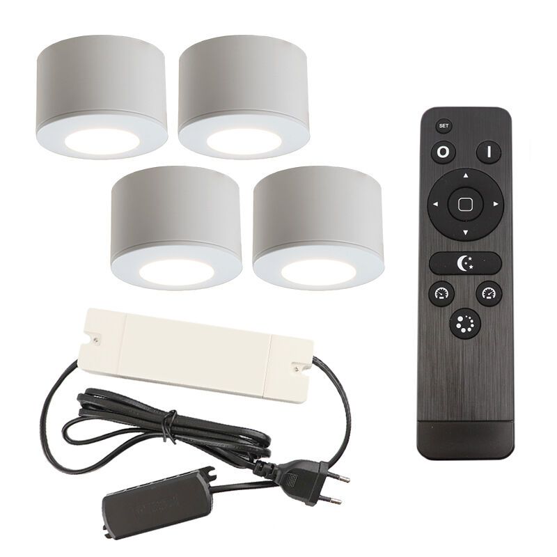 4 round white surface mounted spotlights Vasso, IP44, with connection set and remote control 4 round white surface mounted spotlights Vasso, IP44, with connection set and remote control