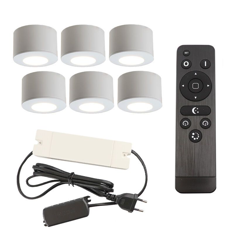 6 round white surface mounted spotlights Vasso, IP44, with connection set and remote control