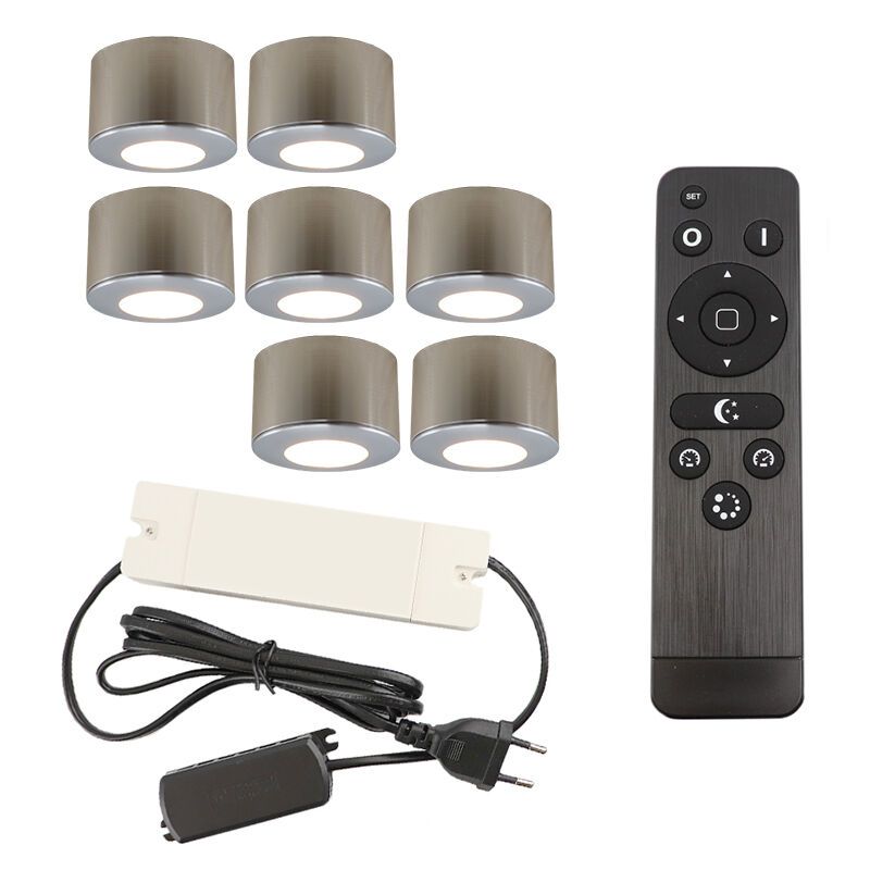 7 round chrome surface mounted spotlights Vasso, IP44, with connection set and remote control