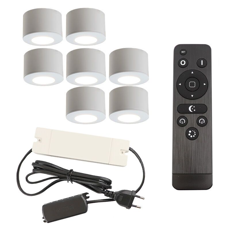 7 round white surface mounted spotlights Vasso, IP44, with connection set and remote control