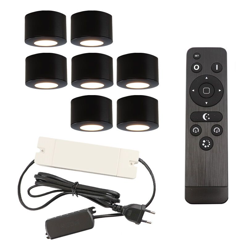 7 round black surface mounted spotlights Vasso, IP44, with connection set and remote control 7 round black surface mounted spotlights Vasso, IP44, with connection set and remote control