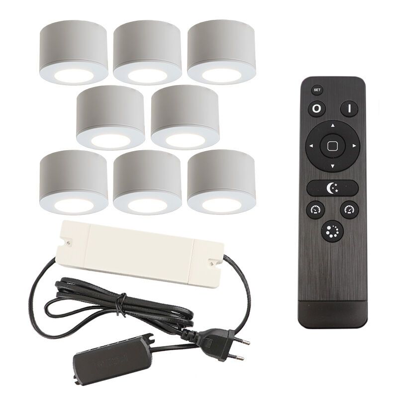 8 round white surface mounted spotlights Vasso, IP44, with connection set and remote control