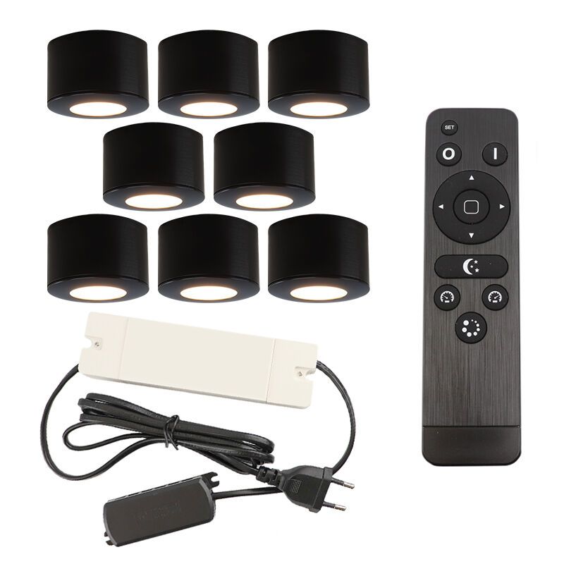 8 round black surface mounted spotlights Vasso, IP44, with connection set and remote control