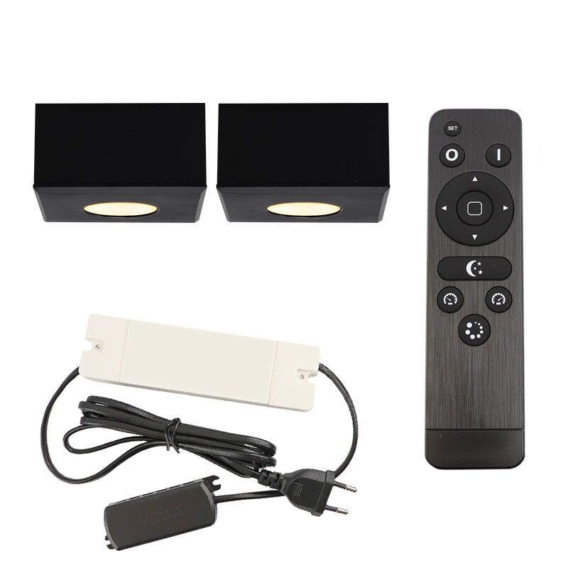 2 square black surface mounted spotlights Fredo, IP44, with connection set and remote control