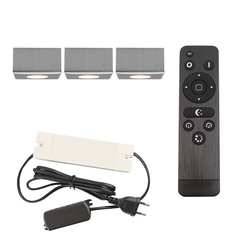 3 square chrome surface mounted spotlights Fredo, IP44, with connection set and remote control