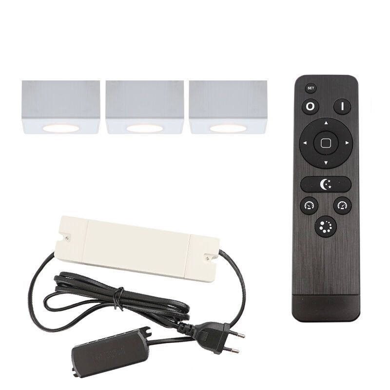 3 square white surface mounted spotlights Fredo, IP44, with connection set and remote control