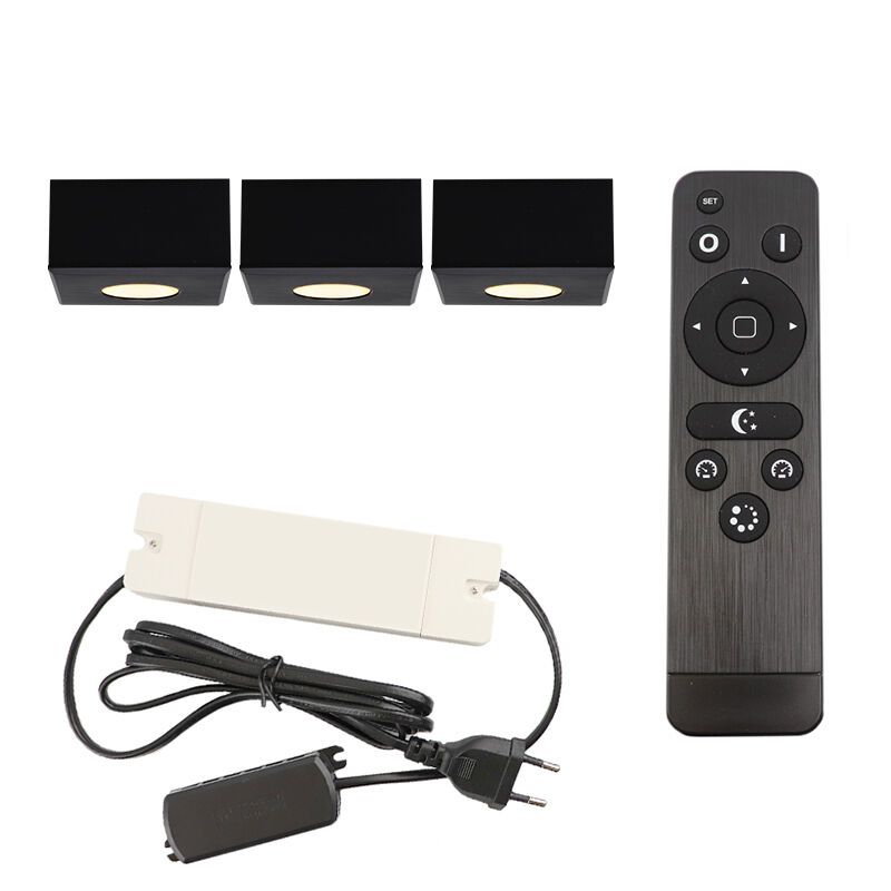 3 square black surface mounted spotlights Fredo, IP44, with connection set and remote control