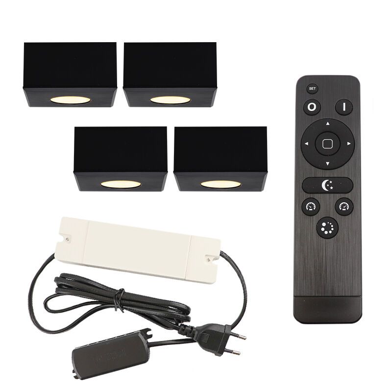 4 square black surface mounted spotlights Fredo, IP44, with connection set and remote control 4 square black surface mounted spotlights Fredo, IP44, with connection set and remote control